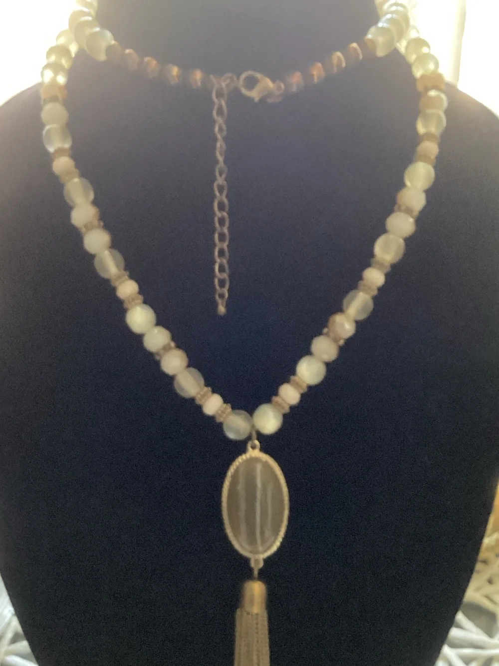 Gold-Tone Beaded Necklace with Cream Beads & Tassel